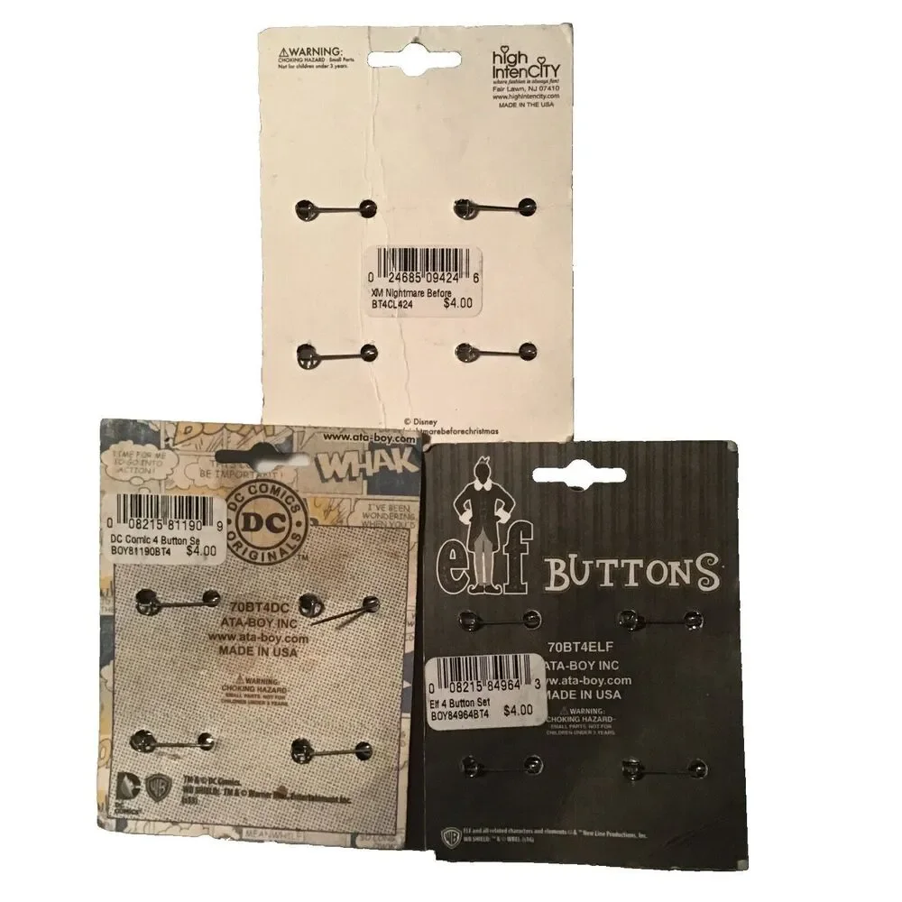 3 Sets Of 4 Buttons - DC Comics, Elf & Nightmare Before Christmas